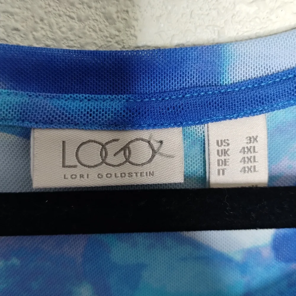 LOGO Layers Lori Goldstein Watercolor Printed Mesh Cardigan Blue Sea Size 3X